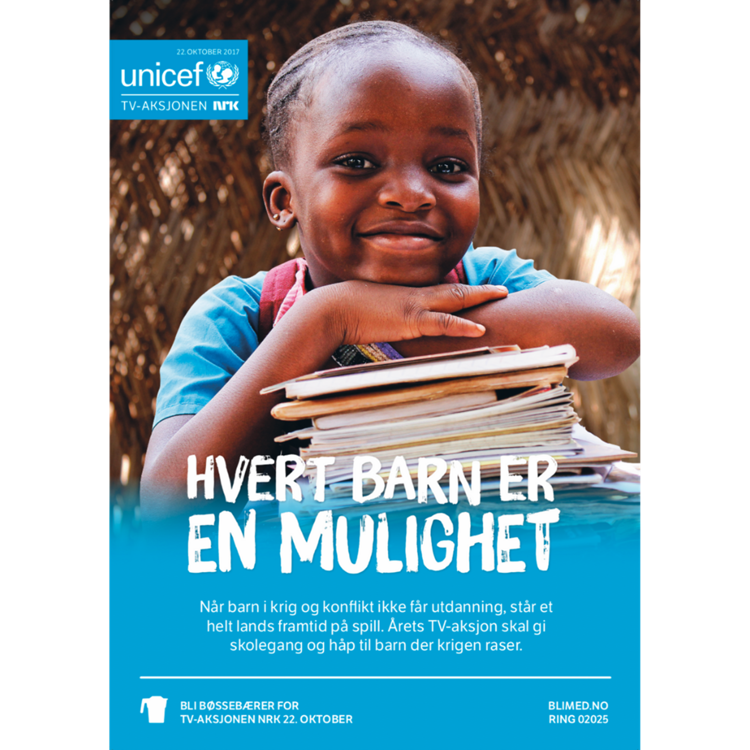 TV-aksjonen 2017 sin kampanjeplakat. En ung jente som lener hodet på en stabel av bøker, og slagordet "Hvert barn er en mulighet".