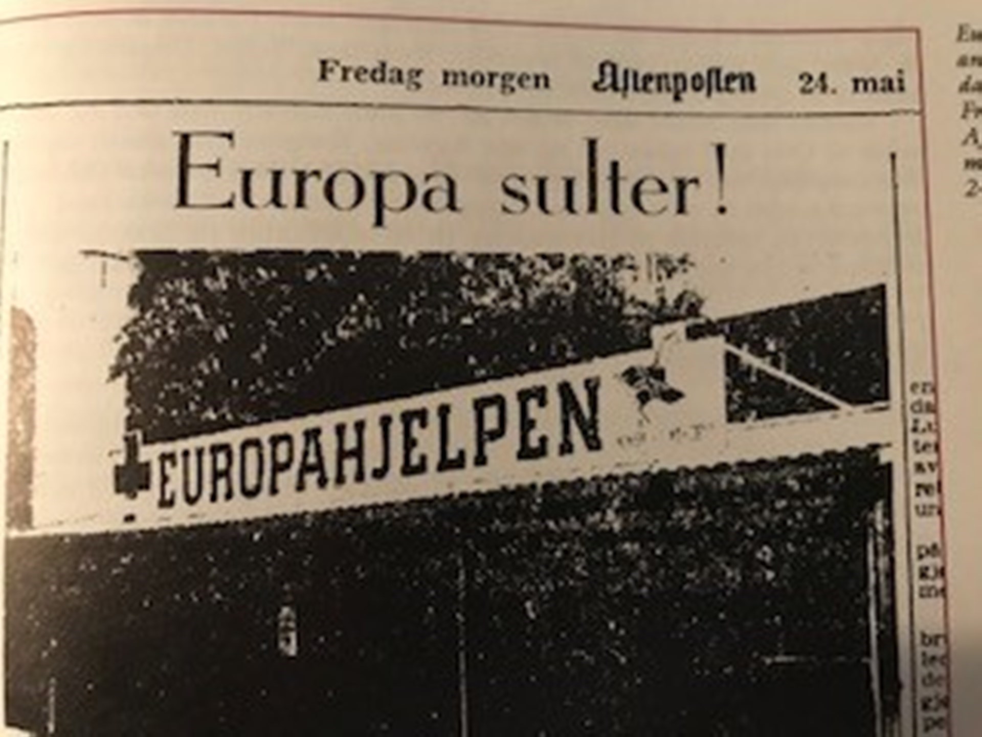 Faksimile av Aftenpostens morgenutgave 24. mai 1946. Det står Europa sulter! Europahjelpen